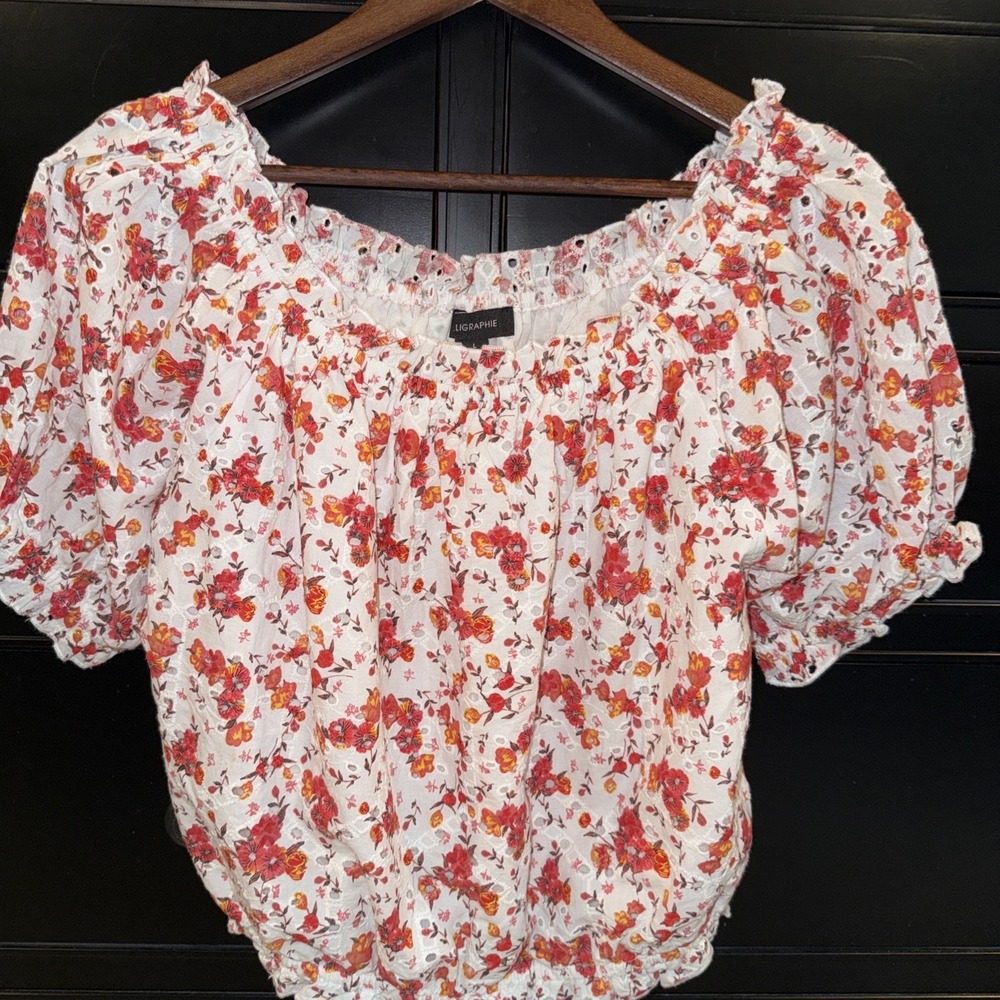 Calligraphie Women's White Eyelet Floral Crop Top Puff Sleeve Drawstring L Boho